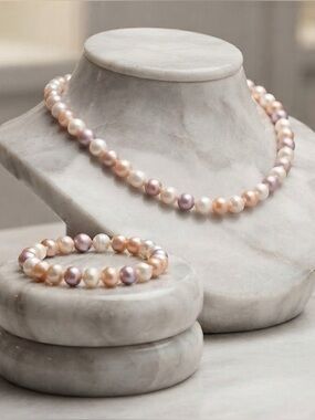 Freshwater Cultured Peach Cream Pearl Necklace Bracelet Set New in Box 925 SS